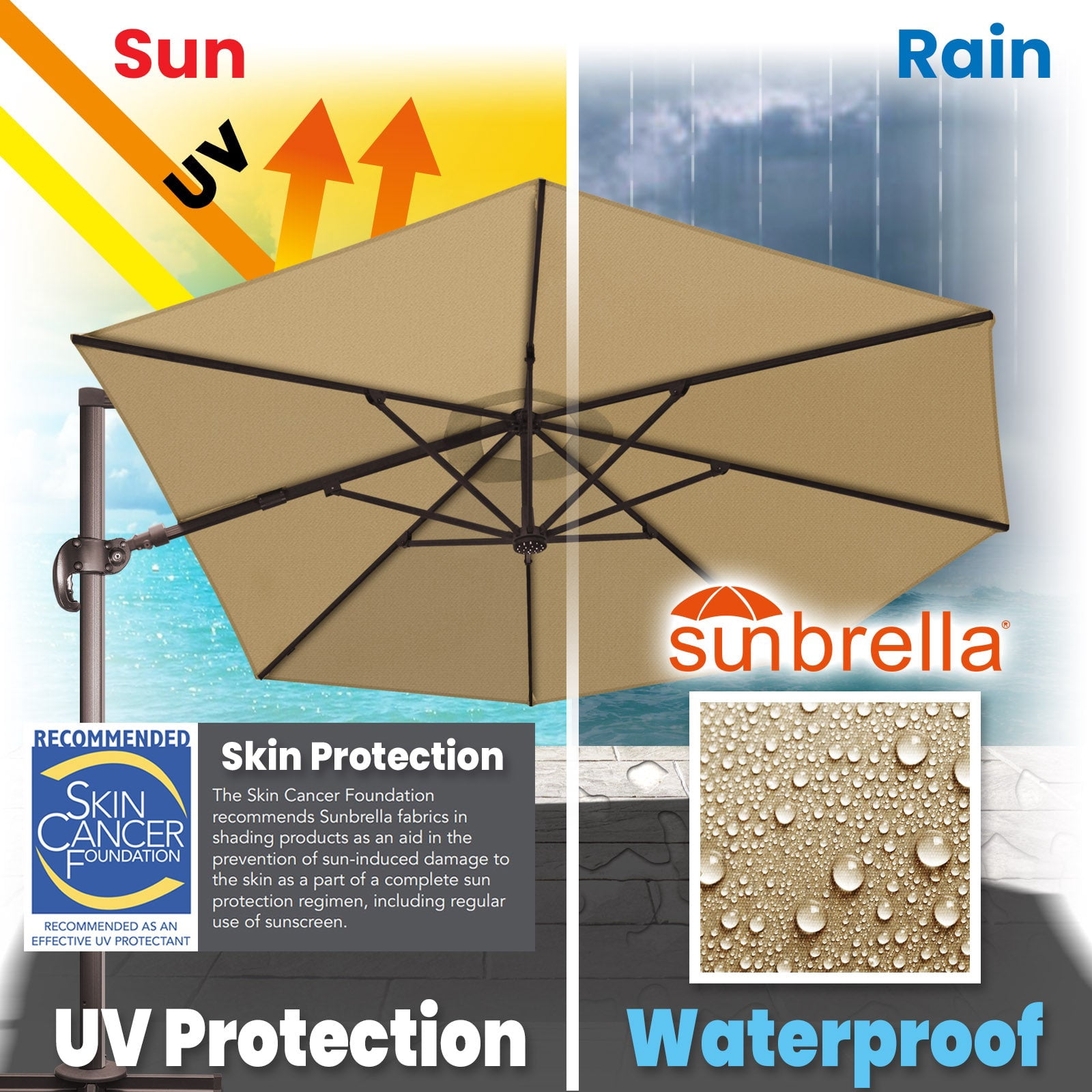 SUNRISEUMBRELLA 11' Deluxe Cantilever Umbrella LED Lighted Umbrella Sunbrella Cover Patio Umbrella Garden Outdoor (Heather Beige)