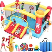 Adnoom Bounce House with Double Slides and Basketball Hoops, Bouncy House for Kids 3~12, Jumping Castle with Spacious Bouncing Area, Space Rocket Theme, Indoor & Outdoor, without Blower