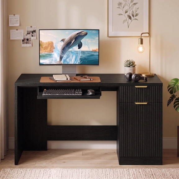 Waleaf 55" Computer Desk with Drawers & Storage Shelves, Modern Home Office Desk with Keyboard Tray, Sturdy Wood Study Writing Desk for Bedroom Living Roomļ¼Blackļ¼