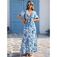 thumbnail image 3 of Blue Floral Print Tie Front Deep V Neck Cutout Waist Maxi Dress For Women, 3 of 8