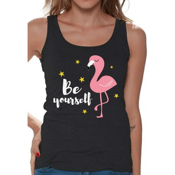 Awkward Styles Be Yourself Tank Top T-Shirt for Her Flamingo Shirts Summer Clothes for Women Beach Tanks Pink Flamingo Tshirt for Ladies Summer Gifts Flamingo Shirts Beach Clothing Collection