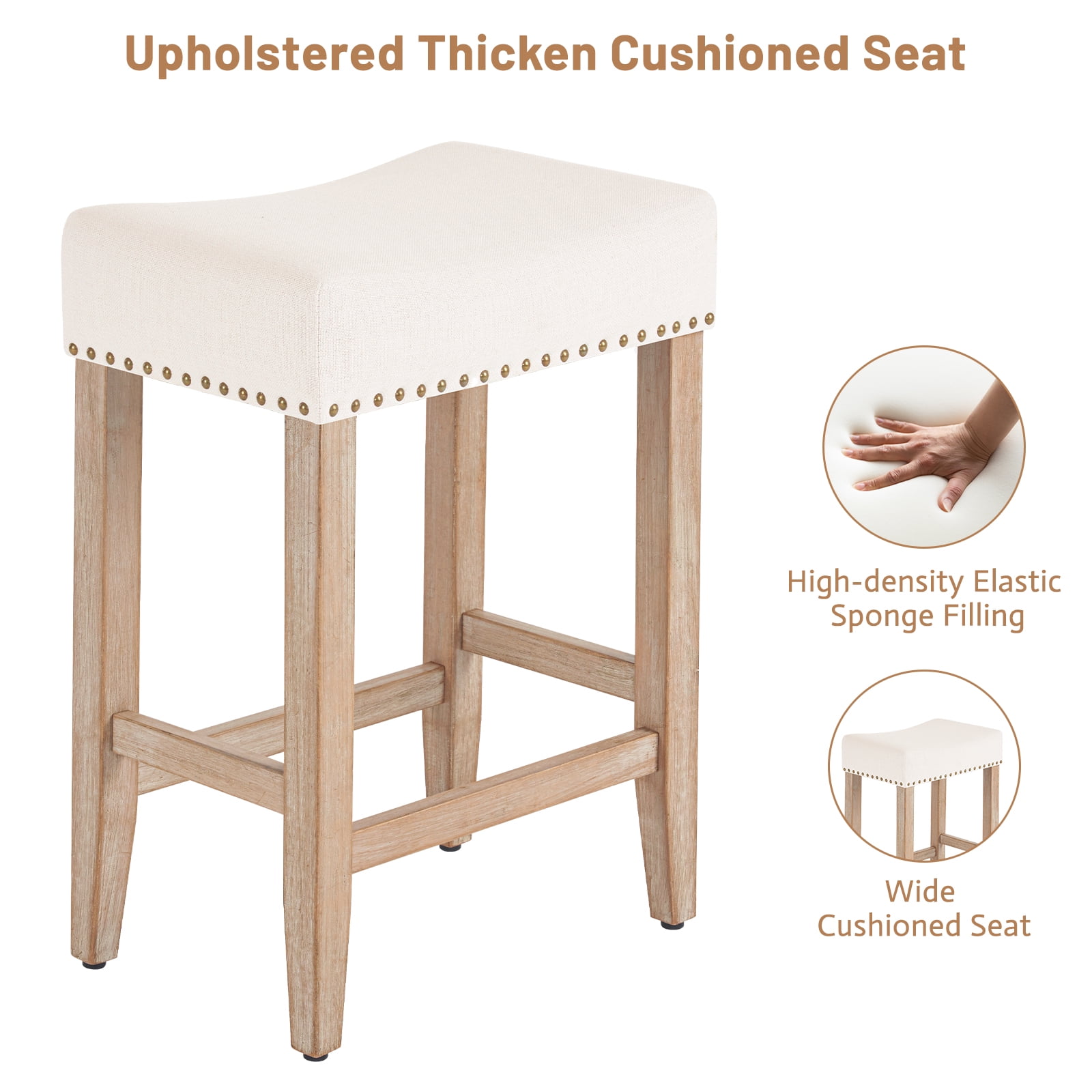 Furniliving 26" Counter Height Bar Stools, Linen Backless Saddle Seat Barstools, Set of 4,Beige