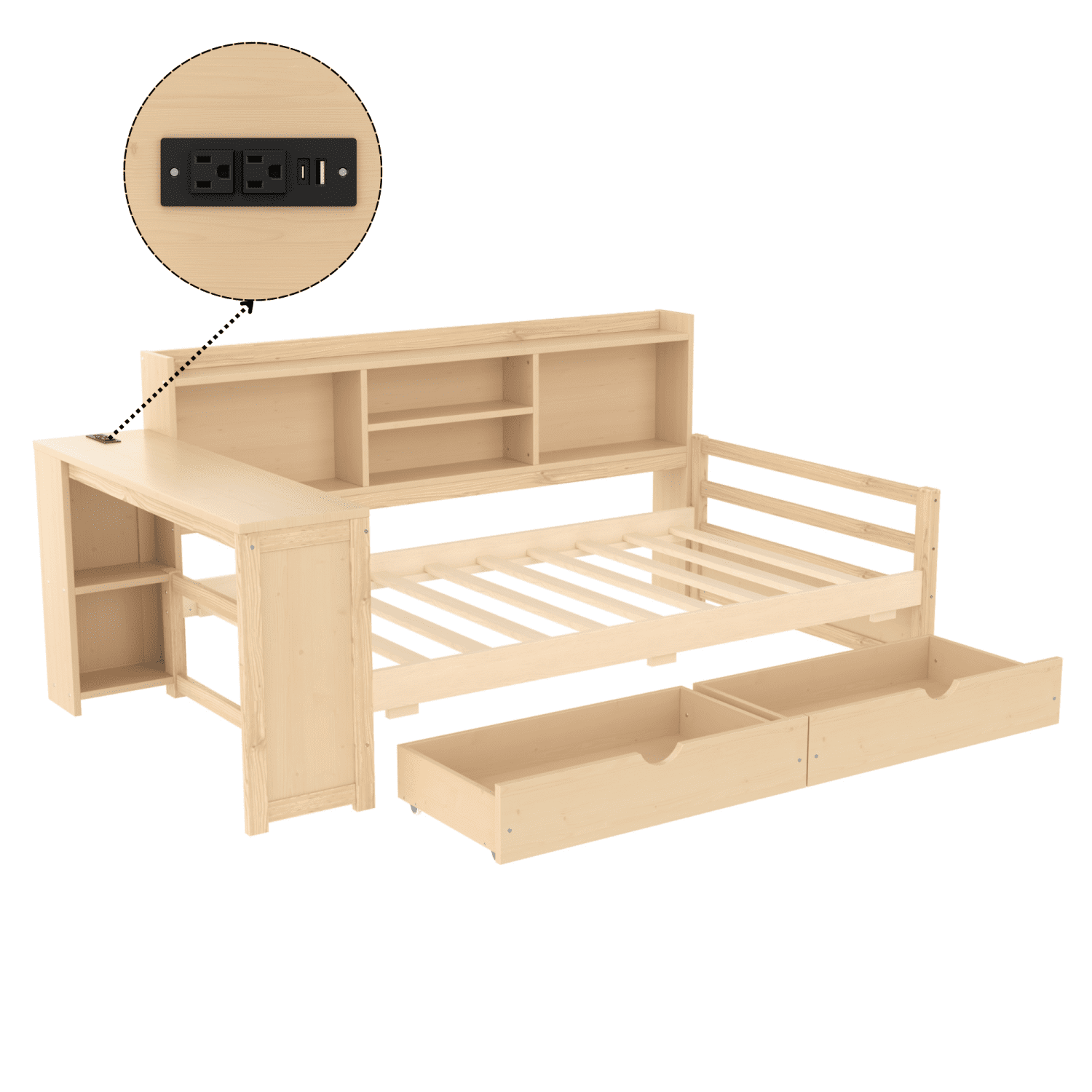 Leumius Twin Size Corner Bed with Desk and Storage Bookcase,Modern Daybed with 2 Drawers,Twin Size Wood Bed Frame with Charging Station,Natural