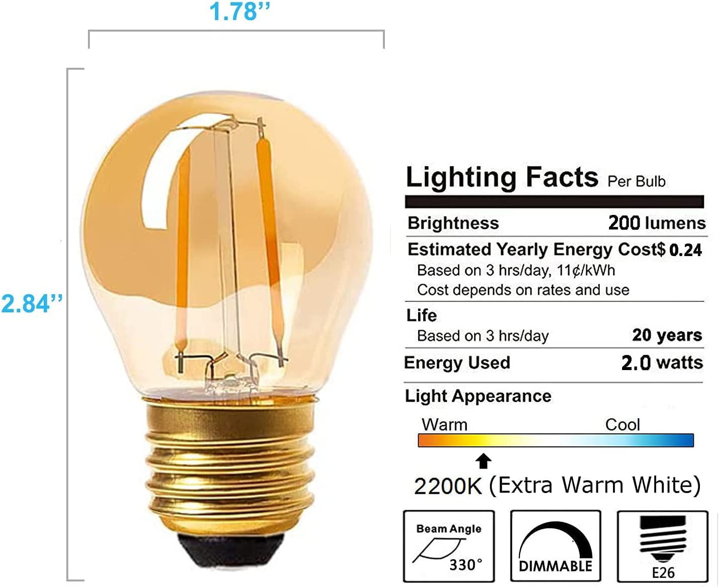 PANLAVIE Vintage Edison LED Bulbs, Ultra Warm Light Filament Bulb, 25W Equal, Dimmable, 6-Pack