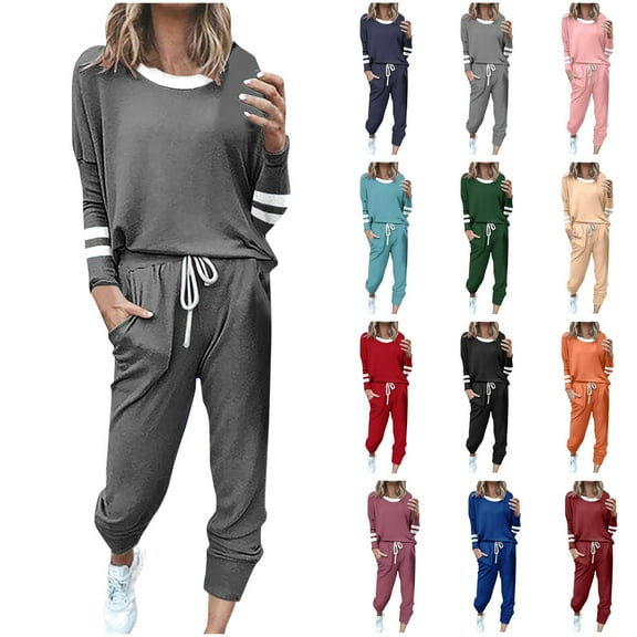 QIUOMBBP Lounge Sets for Women Fall 2 Piece Outfits Tracksuit Jogger Set Fashion Stripe Long Sleeve Shirts and Sweatpants with Pockets, Gray, XXL