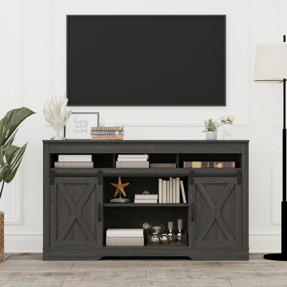 Mintazer TV Stand with Sliding Barn Door for TVs up to 65", Farmhouse Entertainment Center Media Console Storage Cabinet for Bedroom, Living Room, Gray