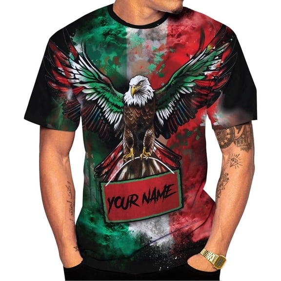 Custom Mexico Shirts Personalized Name Mexican 3D Flag Shirt for Men Women Aztec Unisex Short Sleeves US Eagle Pride Camisas (Polyester, Q3) (T-shirt, S)