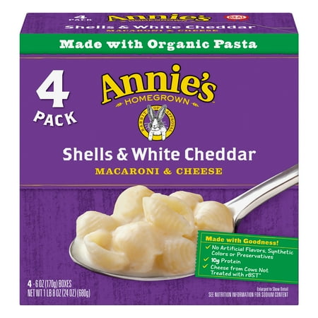- Annie's Macaroni & Cheese, Shells and White Cheddar Mac and Cheese, 4 Boxes, 6oz Each