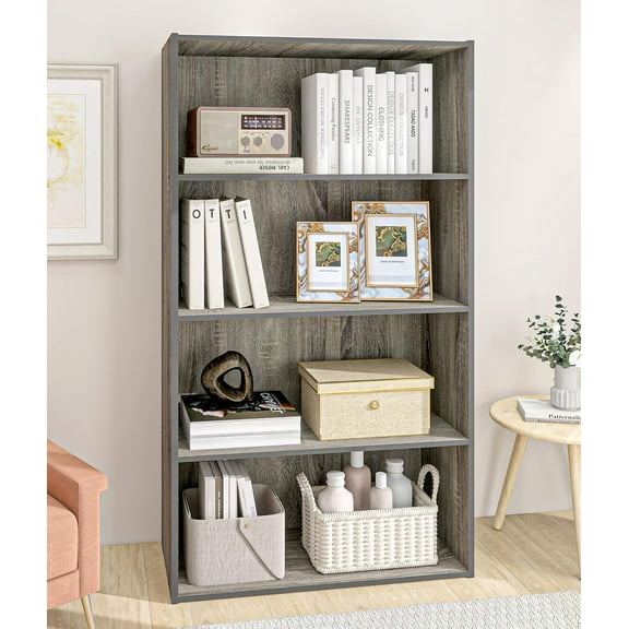 4-Tier Wood Open Bookshelf, Engineered Wood Rustic Book Shelves with 3 Shelves, 9 Inch Deep Small Bookcase for Small Spaces, Book Shelves for Bedroom, Living Room, Gray