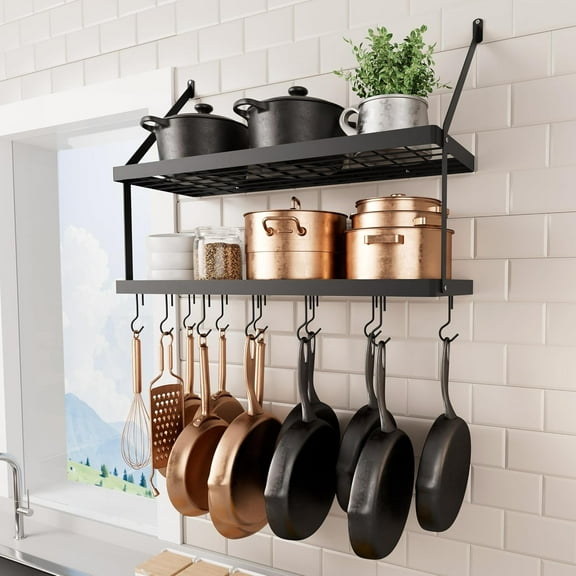 Pot Rack Wall Mounted, Pots and Pans Hanging 2 Tier 30-Inch for Kitchen Hanging Pan Rack Organizer with 12 S-Hooks Heavy-Duty Matte Black, KUR218S75B-BK