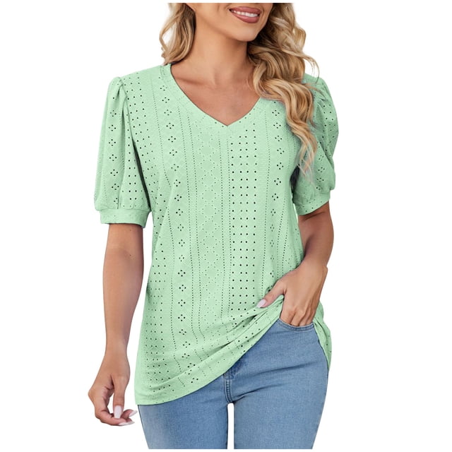 RKSTN Womens Tops Fashion Mesh Breathable Short Sleeve V-Neck Blouse Tops Comfortable Temperament Solid Color Tops
