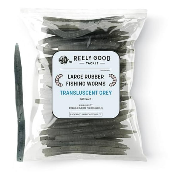 Reely Bass Lures (50 Pack), 5 Inch - Translucent Grey Bass Fishing Soft Plastic Lures, Rubber Senko Worms for Bass Fishing, Wacky Worm Fish Bait, Fake Worms for Fishing