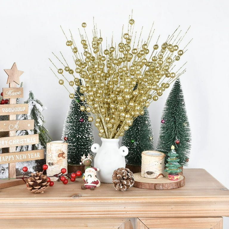 200 Pieces Christmas Berries Artificial Stems Christmas Tree Decorations  Fake Christmas Picks for Home Glitter Sticks 