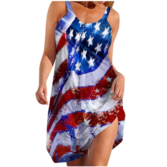 ibuvkizy Sundresses for Women 2025,4th of July Dress Women Casual Patriotic Midi Dress Red White and Blue Pattern Crewneck Dresses Sleeveless Breathable Tunic Dress Blue XXL