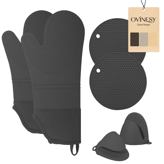 OVINESY Extra Long Silicone Oven Mitts Pot Holders Sets, Heat Resistant Oven Mittens with Mini Oven Gloves and Hot Pads Pot Holders for Kitchen Baking and Cooking, 6 Pcs, Black