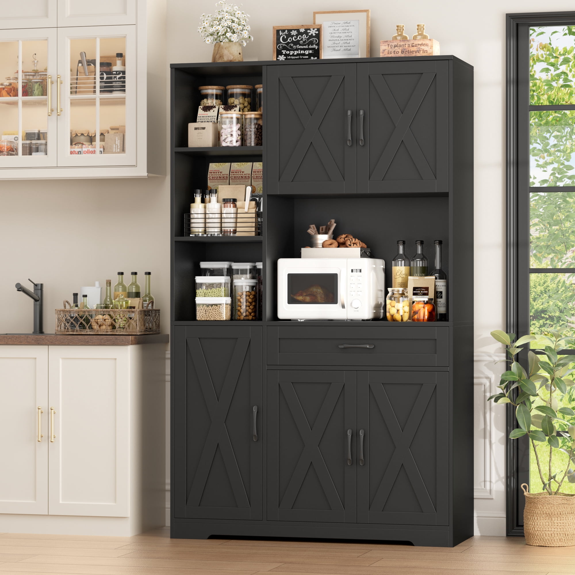 Hiphuta 71"Farmhouse Kitchen Pantry Storage Cabinet, Freestanding Hutch Cabinet with Microwave Stand, Sturdy Pantry Cabinet for Dining Room, Black