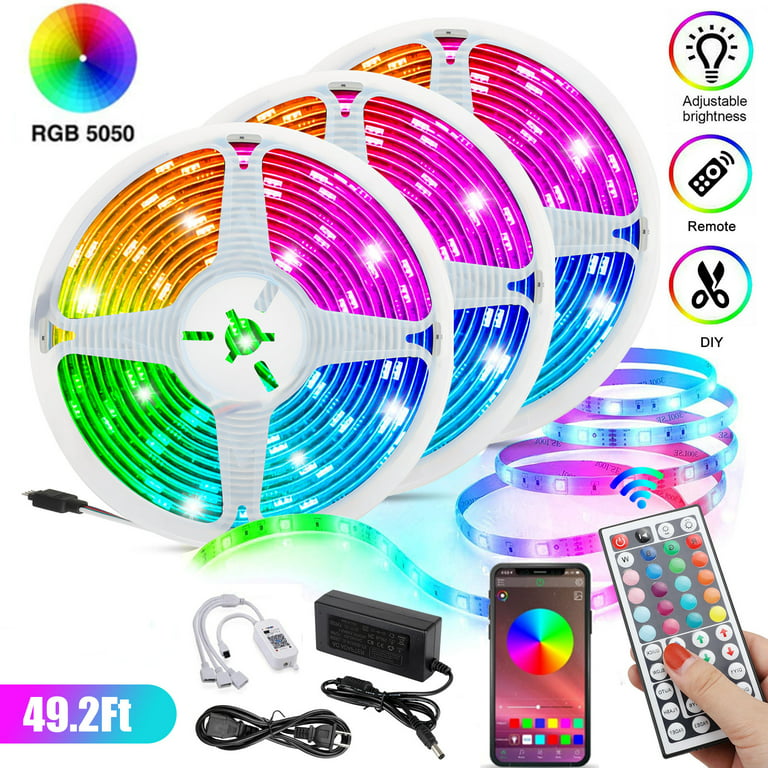 DAYBETTER 50ft Bluetooth LED Strip Lights,Music Sync 5050 LED Light Strip  RGB with Remote Control,Timer Schedule,Color Changing Led Lights for