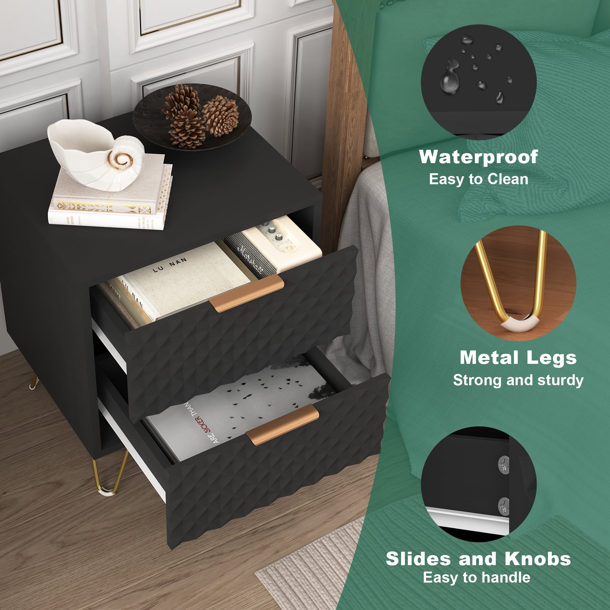 2 Drawer Bedroom Nightstand Set of 2 with Gold Metal Handle and Legs, Black Bedside Table