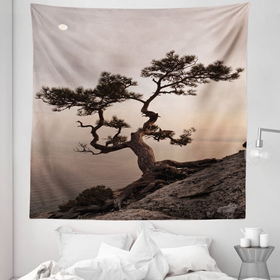 Tree Tapestry, Lonely Juniper Tree on Seaside Cliff Full Moon at Sunset Nature Theme Art Print, Fabric Wall Hanging Decor for Bedroom Living Room Dorm, 5 Sizes, Brown Grey, by Ambesonne