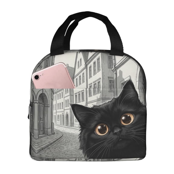 Black Cat Lunch Box Insulated Thermal Lunch Bag Oxford Cloth Reusable Lunch Bag With Front Pocket For Office Travel Picnic Beach Meal Prep Tote