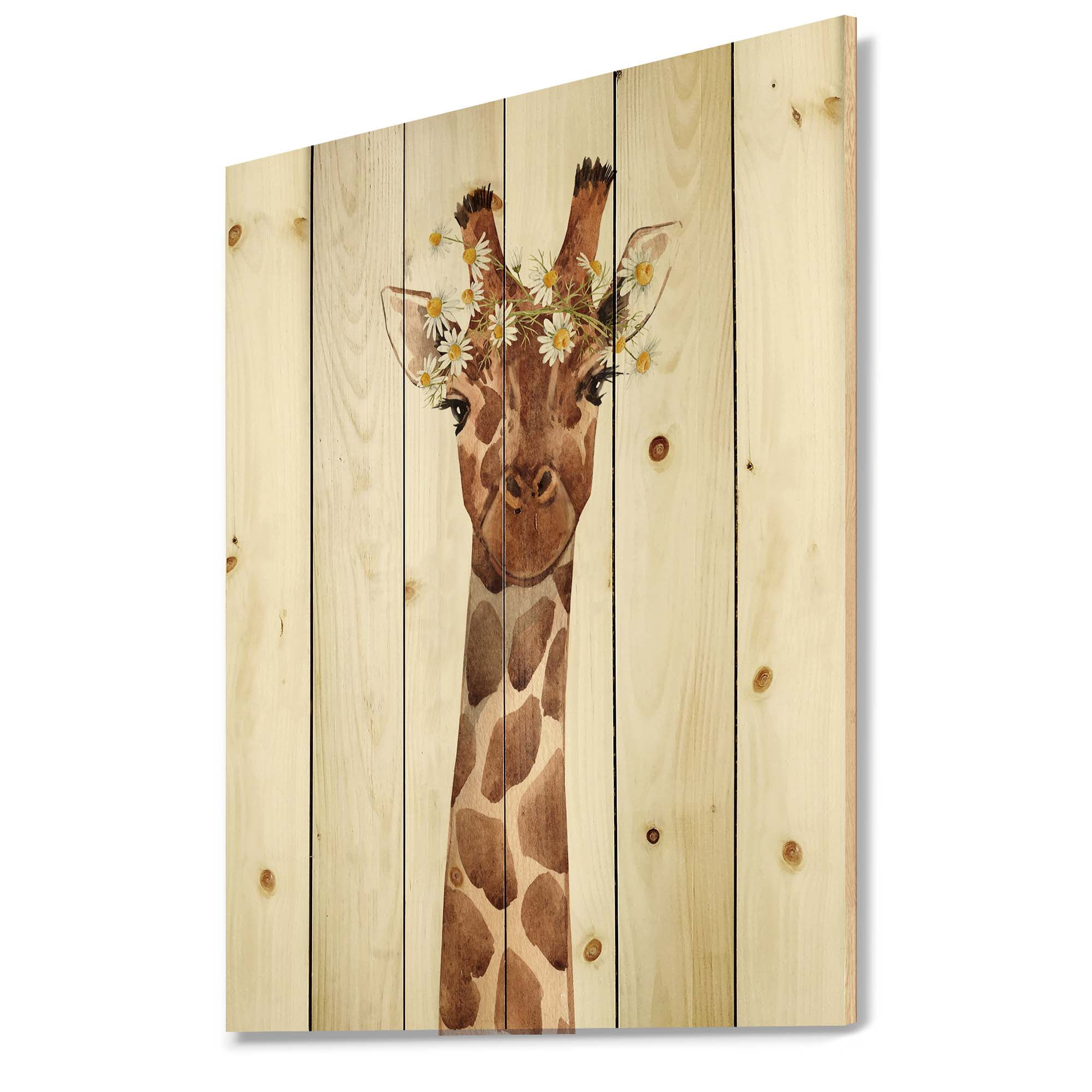 Designart 'Portrait of A Giraffe With White Flowers' Farmhouse Print on Natural Pine Wood