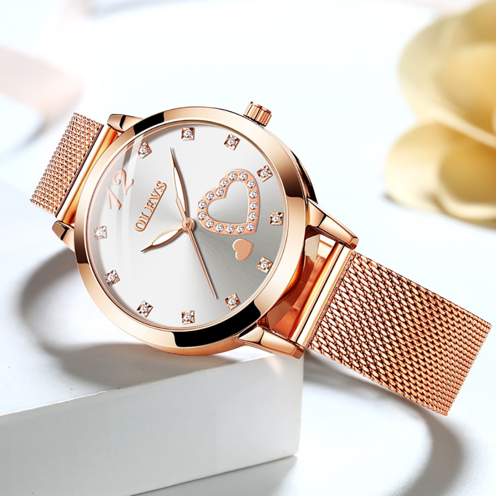 OLEVS Watches for Women Casual Dress Luxury Analog Quartz Mesh Strap Hearts Easy Read Waterproof Luminous Fashion Ladies Wrist Watches Gifts Relojes para Mujer White/Black