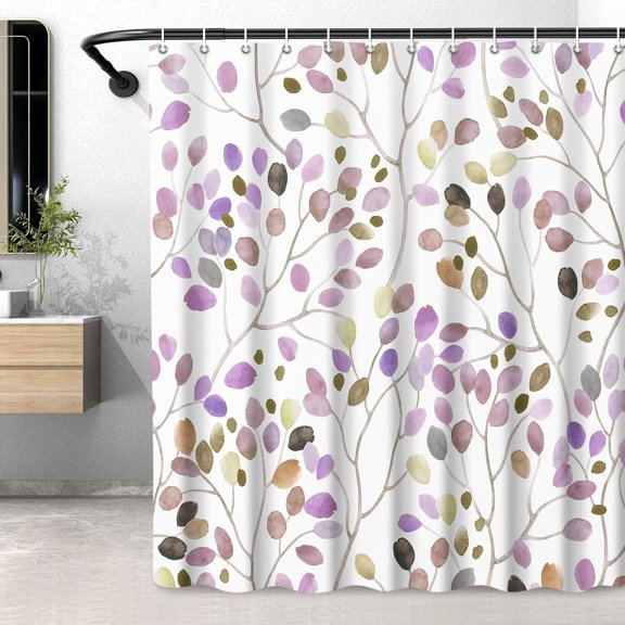 Floral Shower Curtain, Colorful Botanical Flower Leaves Bohemian Shower Curtain with Plastic Hooks, Decorative Waterproof Polyester Curtain 72x72 Inches, Plum