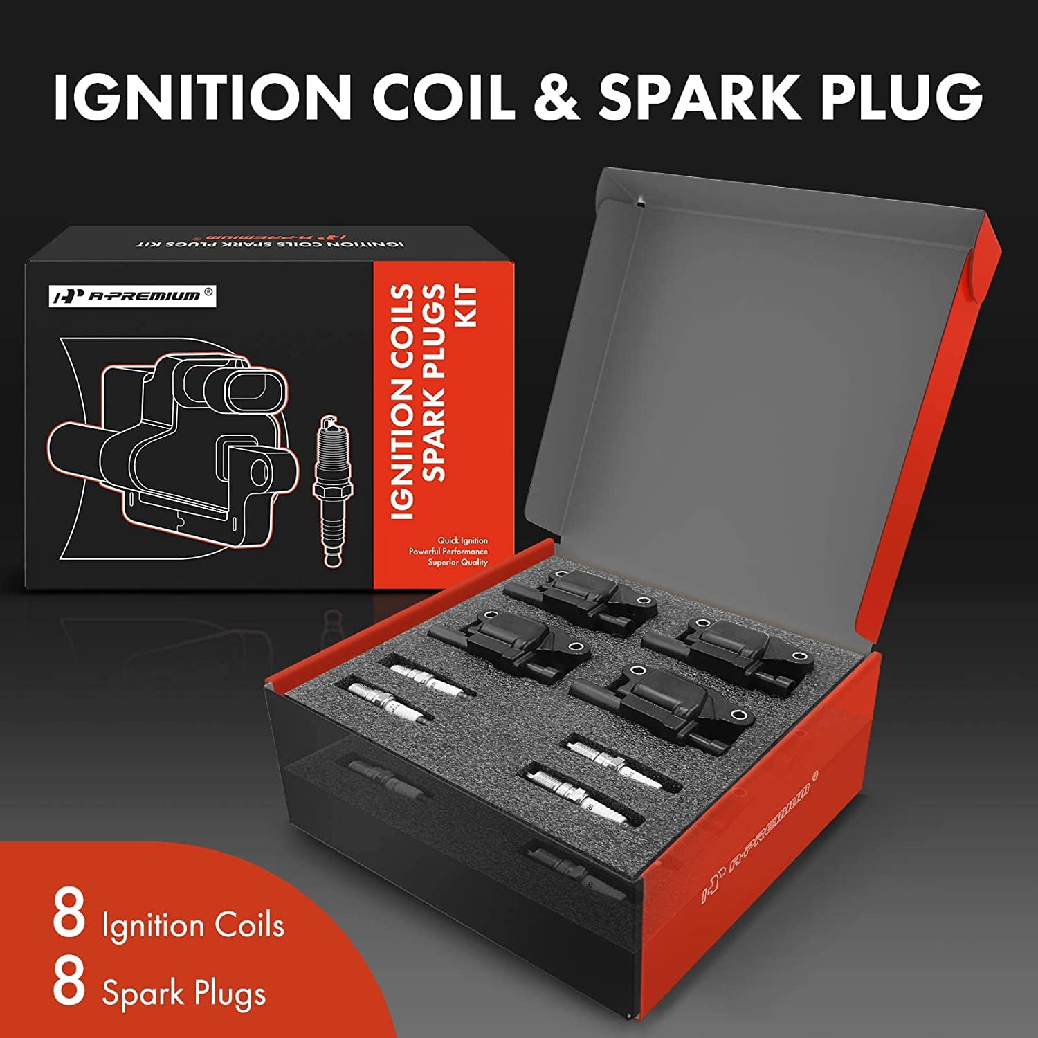 A-Premium Set of 8 Ignition Coil Pack and Iridium Spark Plugs Compatible with Chevrolet Silverado GMC Sierra 2007-2013 Cadillac CTS 2006-2015 V8 4.8L 5.3L 6.0L 6.6L