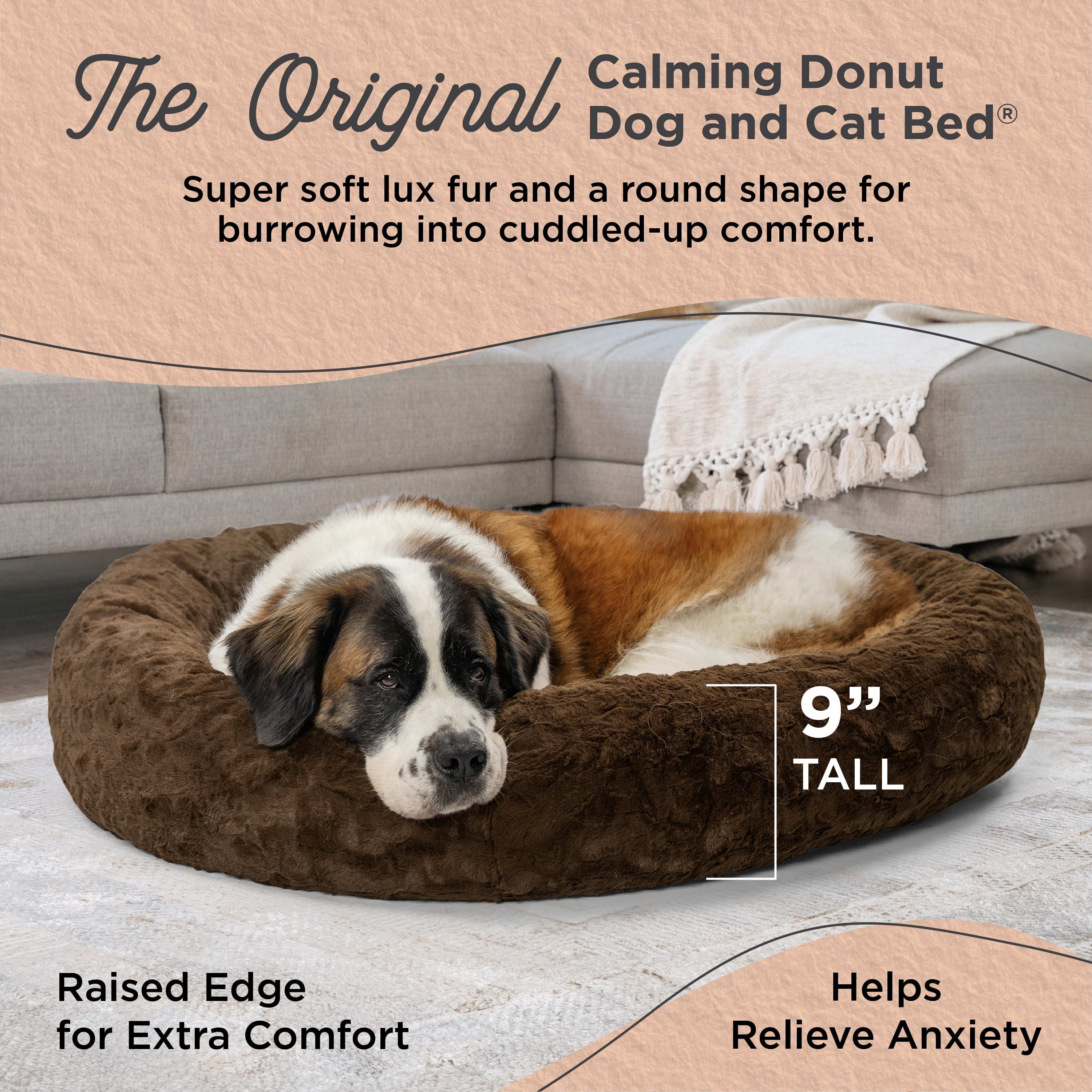 Best Friends by Sheri Original Calming Donut Dog and Cat Bed, Lux Faux Fur, Dark Brown, XL (45in x 45in) - Anxiety Relief for Pets Up to 150 lbs
