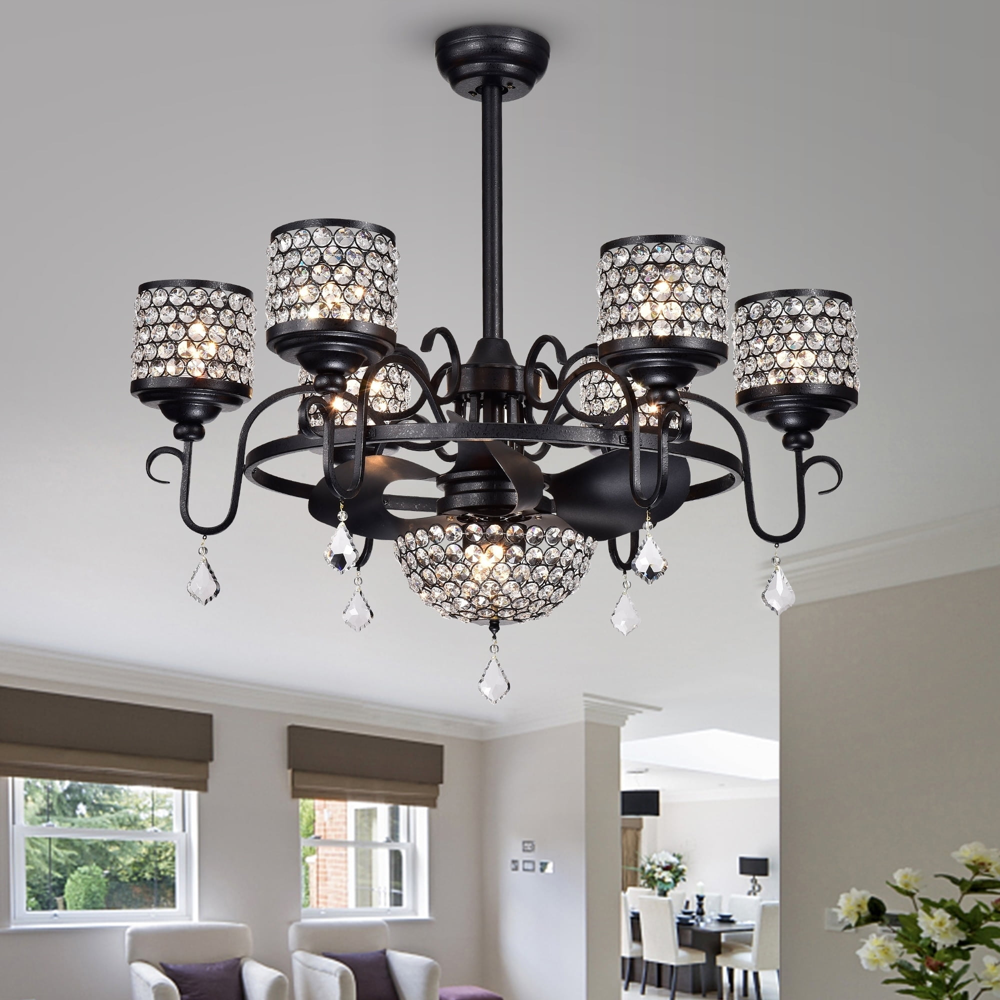 Warehouse of Tiffany Torbay 35” Forged Black Crystal Fandelier Ceiling Fan with Remote Control