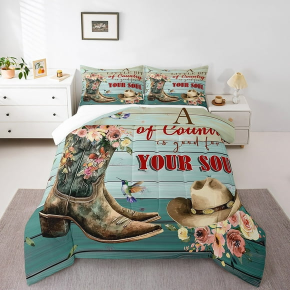 Erosebridal Western Boots Comforter Sets,Floral Hummingbird Comforters & Duvets,Super Cozy Bedding Comforter Set,Rusric Decoration