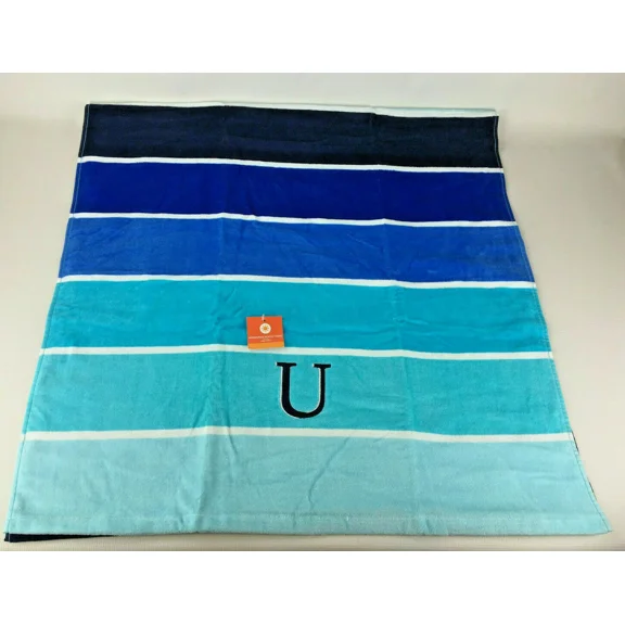 New 30" X 60" Cotton Blue Striped Bath Beach Towel - Monogrammed With Letter U