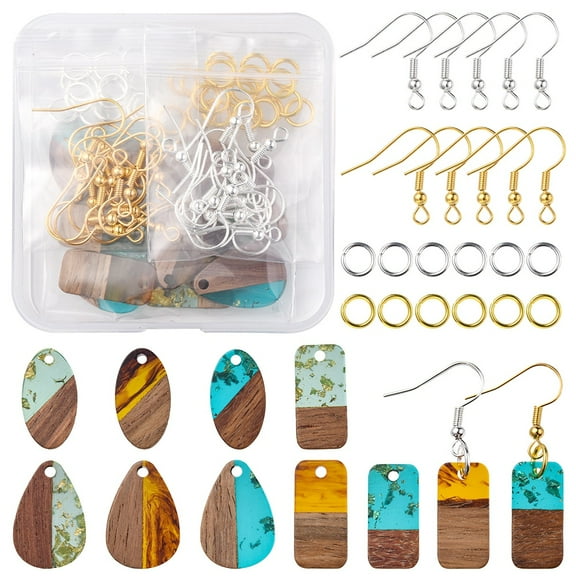 DIY Earring Making Kit Including Teardrop & Oval & Rectangle Resin & Walnut Wood Pendants Iron Earring Hooks Mixed Color 88Pcs/box