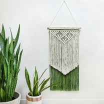 Twfbrm Macrame Wall Hanging Decor, 16"x32" Cotton Woven White and Green Geometric Tapestry, Vintage Handmade Chic Bohemian Tassel Tapestry, Farmhouse Wall Art Home Decoration for Bedroom Living Room