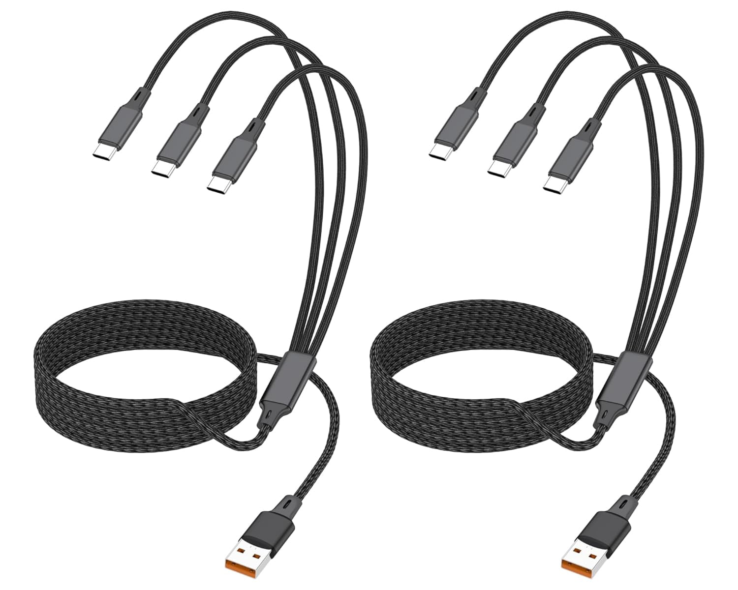 HRTGFD-4FT Multi USB C Charging Cable, 2Pack, 3-in-1, USB-A to 3 USB-C Connectors, Multiple USB Type C Splitter Cords for iPhone 16/15 Pro Max, iPad Air/Pro, Galaxy S24, Google Pixel, Android, Car