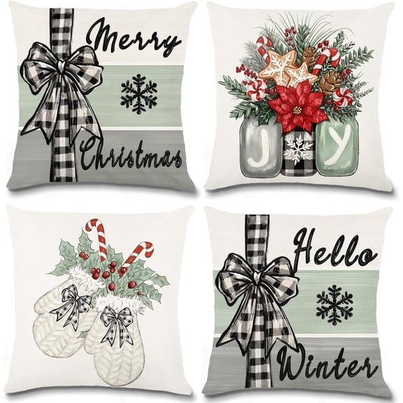 4pcs Christmas Pillow Covers 18 x 18 Inch Xmas Winter Pillow Cushion Cases for Christmas Holiday Home Decorations Throw Outdoor Seasonal Pillow Covers for Couch Sofa Farmhouse