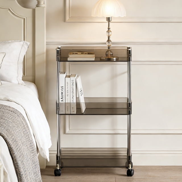 Clear Acrylic Rolling Storage Cart 3 Tier, Slim Narrow Multi Function Trolley with Wheels Space Saving Gaps Organizer for Bathroom Kitchen Laundry Small Spaces
