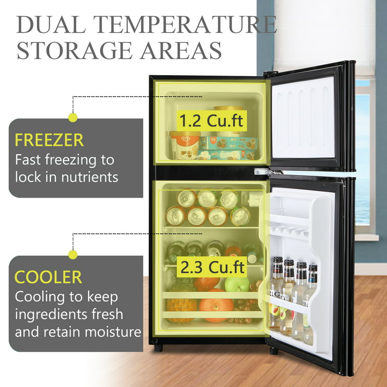 3.5cu.ft Compact Refrigerator, Krib Bling Fridge with Dual Door Small Refrigerator with Freezer, Black, Size: 16.7 in