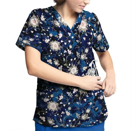 

EHTMSAK Scrubs Tops Women 2xl with Pocket Floral Working Uniform Short Sleeve V Neck Workwear Blouse T-Shirt with Pockets on Clearance Blue M