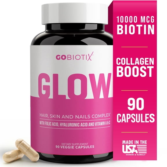GoBiotix Glow Biotin 10000mcg, Collagen Boost Hair, Skin & Nails Multivitamin with Hyaluronic Acid, 90 Caps