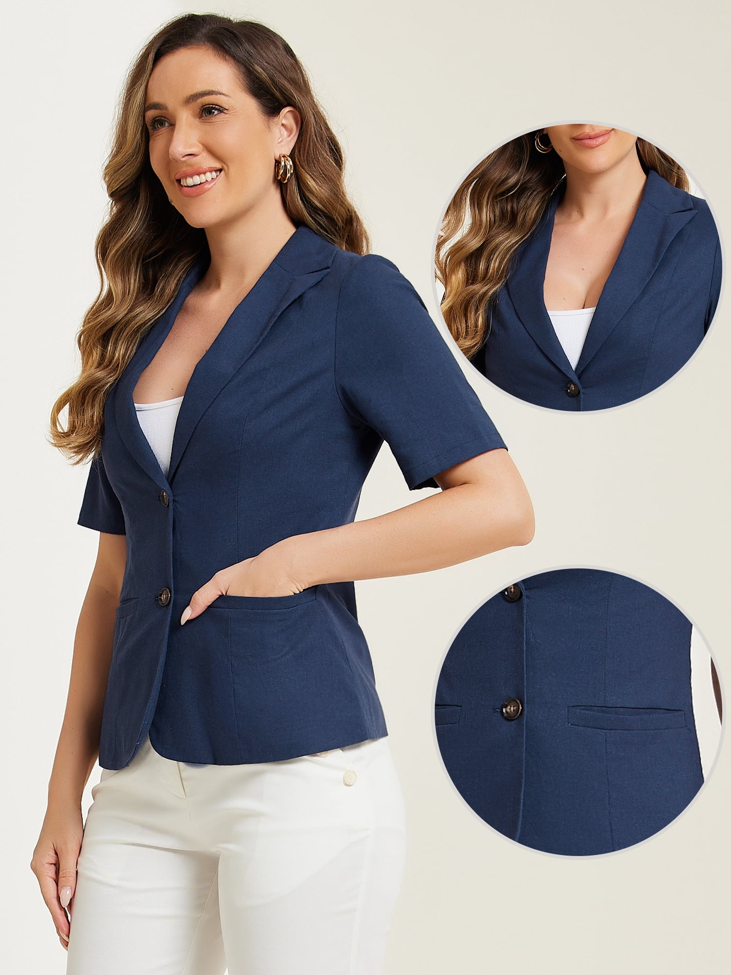 DARING DIVA Women's Cotton Linen Short Sleeve Blazer for Work Office S Dark Blue