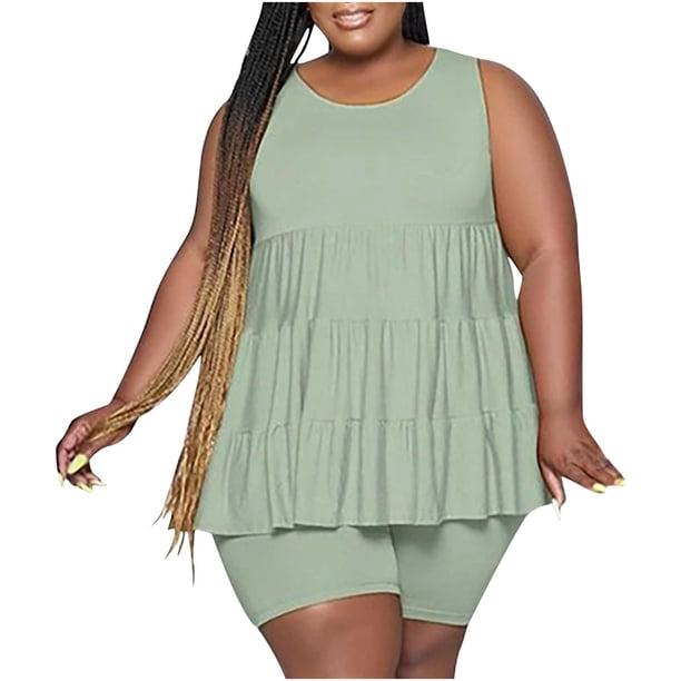 Camiseta sin mangas de Color liso a la moda de verano para mujer, Top plisado sin mangas con cuello redondo de Color liso, conjunto de pantalones informales Wmkox8yi bvn3645