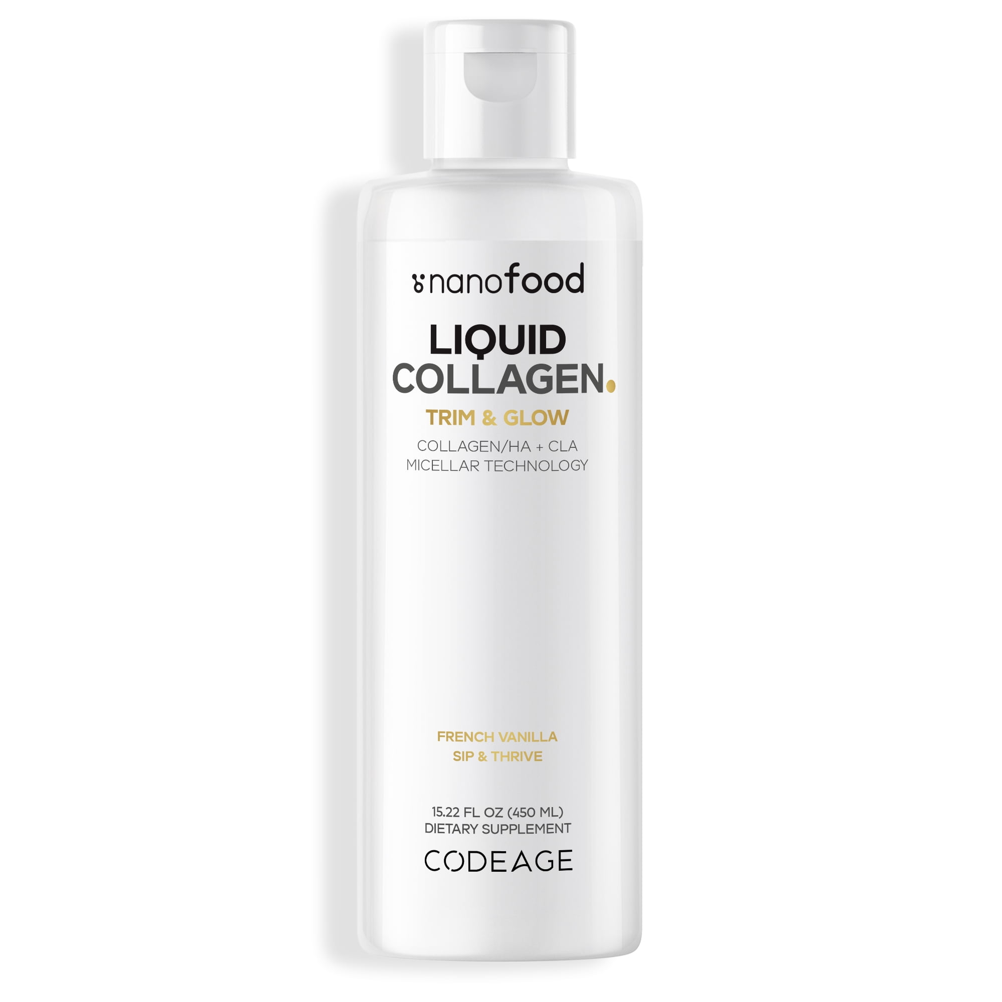 Codeage Nanofood Liquid Collagen Trim & Glow, Conjugated Linoleic Acid, Hyaluronic Acid, Hydrolyzed Collagen Type I, II, III, Whey Protein, Liposomal Delivery, Vanilla Flavor, 15.22 fl oz