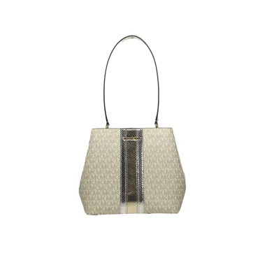 Michael Kors Pratt Medium Signature Logo and Metallic Shoulder Bag (Pale Gold)