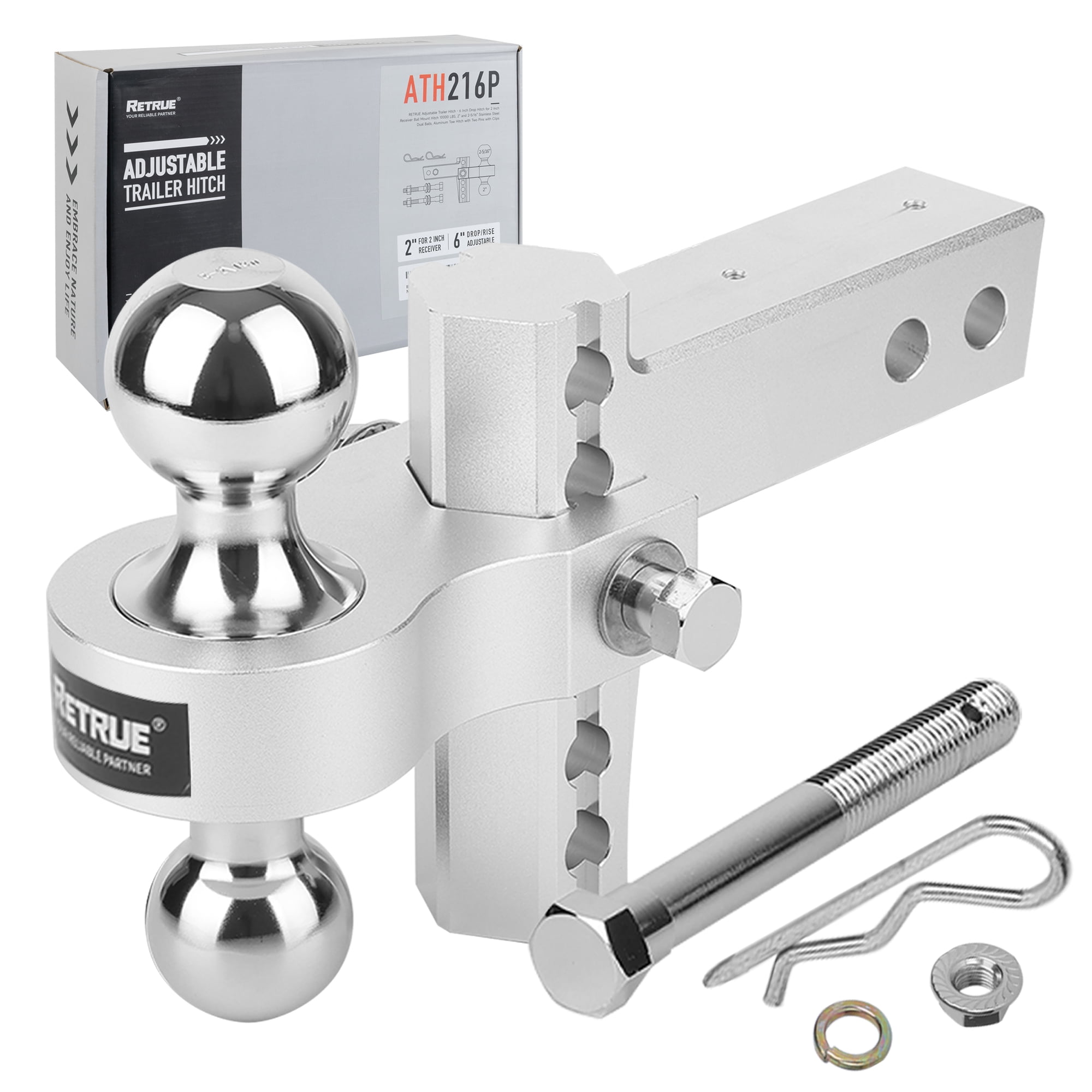 RETRUE Adjustable Trailer Hitch, Fits 2Inch Receiver, 6Inch Drop/Rise