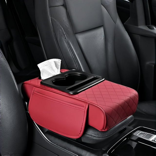 5-in-1 Multifunctional PU Leather Car Armrest Box Mat, Center Console Organizer with Cup Holder, Phone & Tissue Slots, Waterproof Elastic Pad for Most Vehicles