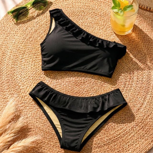 Traje de Baño Dos Piezas Mujer Top Un Hombro Con Volantes negro Mediano