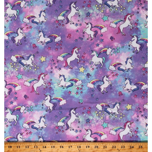 Cotton Unicorns Rainbows Stars Flowers Belle & Blue Purple Magical Fairytale Kids Cotton Fabric Print by the Yard (FLBB-D14-V)