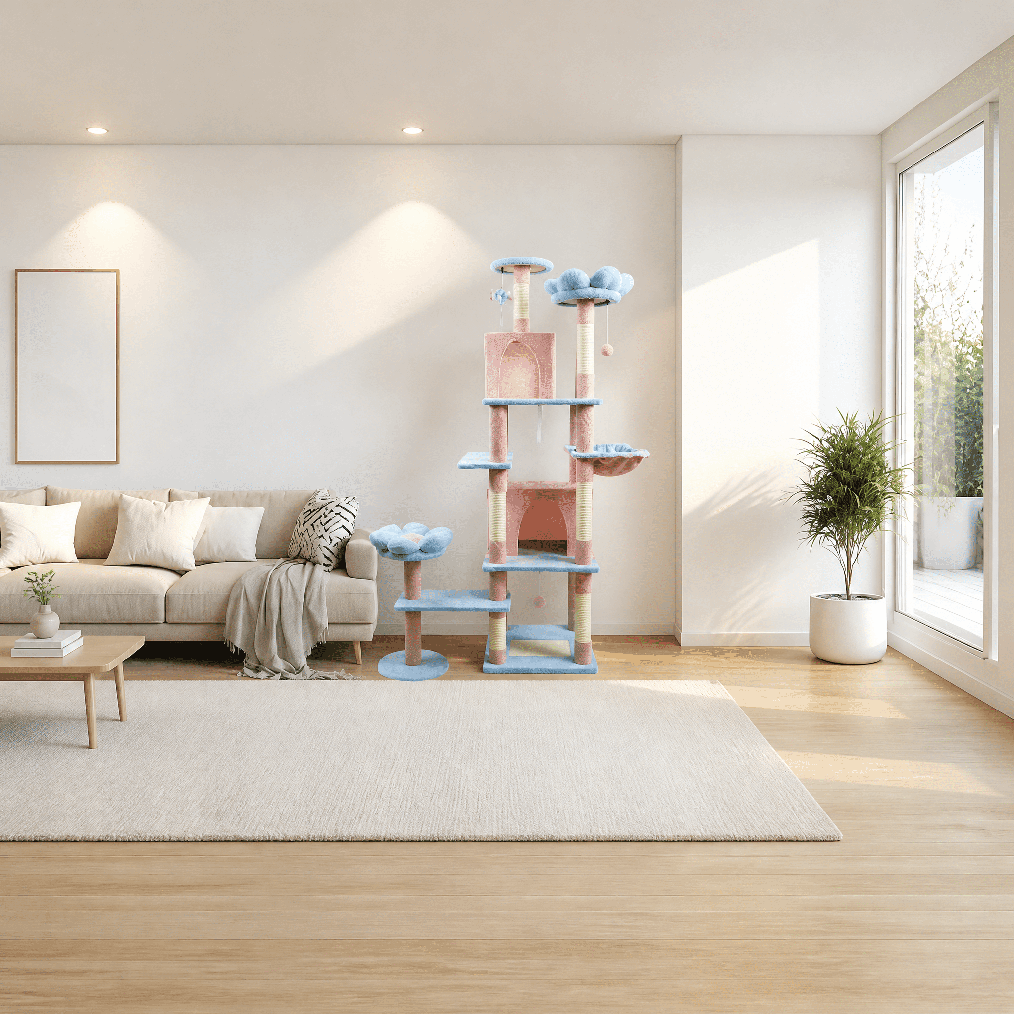 71 Inch Blue Floral Cat Tree, 7-Tier Large Cat Tower with Spacious Condo, Removable Flower Cushion & Hammock, Natural Sisal Scratching Posts for Large & Multi-Cat Homes