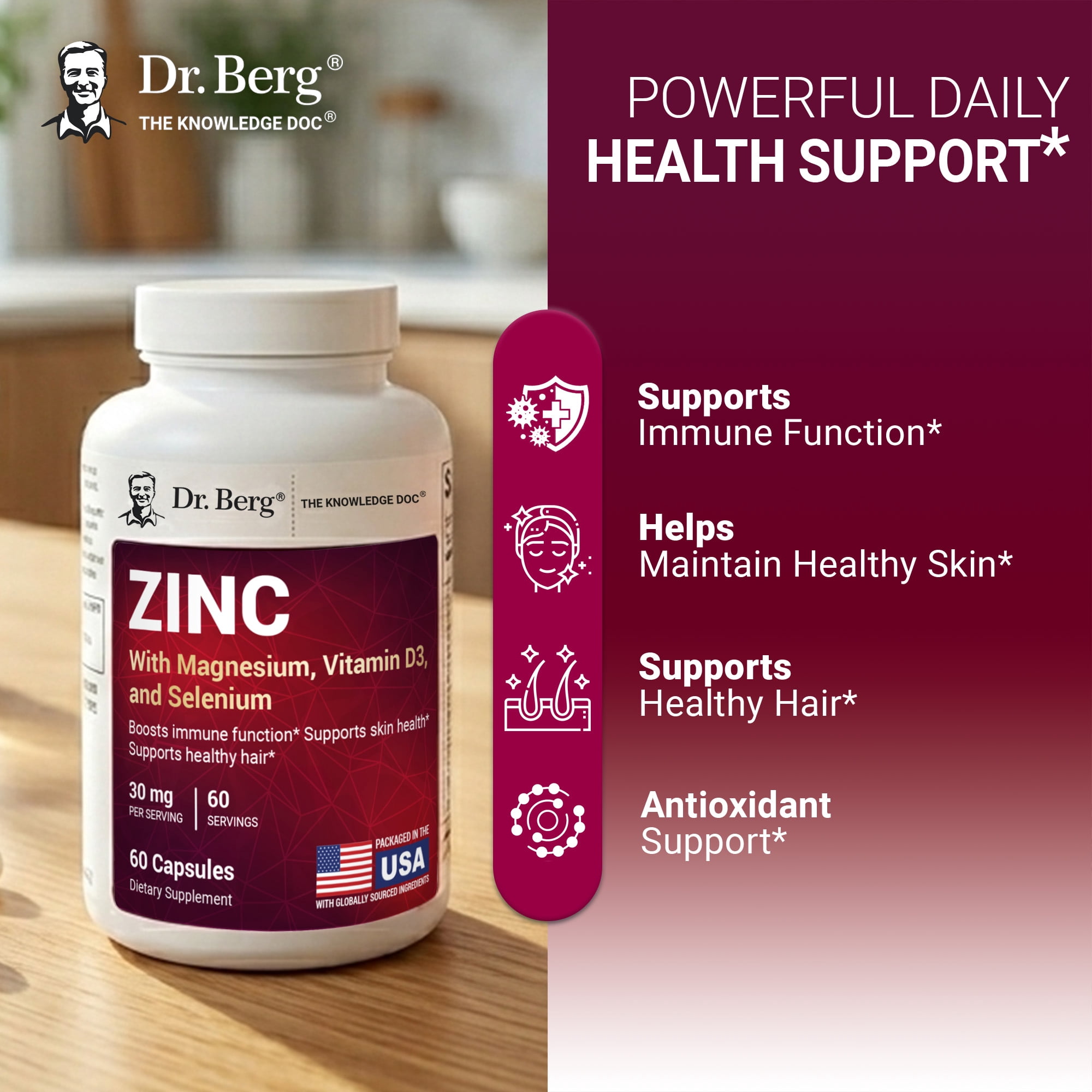 Dr. Berg Zinc 30 mg Capsules with Magnesium, Vitamin D3, Selenium, Copper & Folate - Immune Support, 60 Capsules